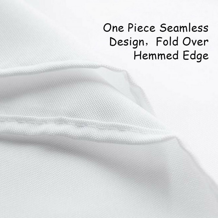 Close-up of the white polyester tablecloth showcasing the seamless design and hemmed edge, ideal for elegant dining.